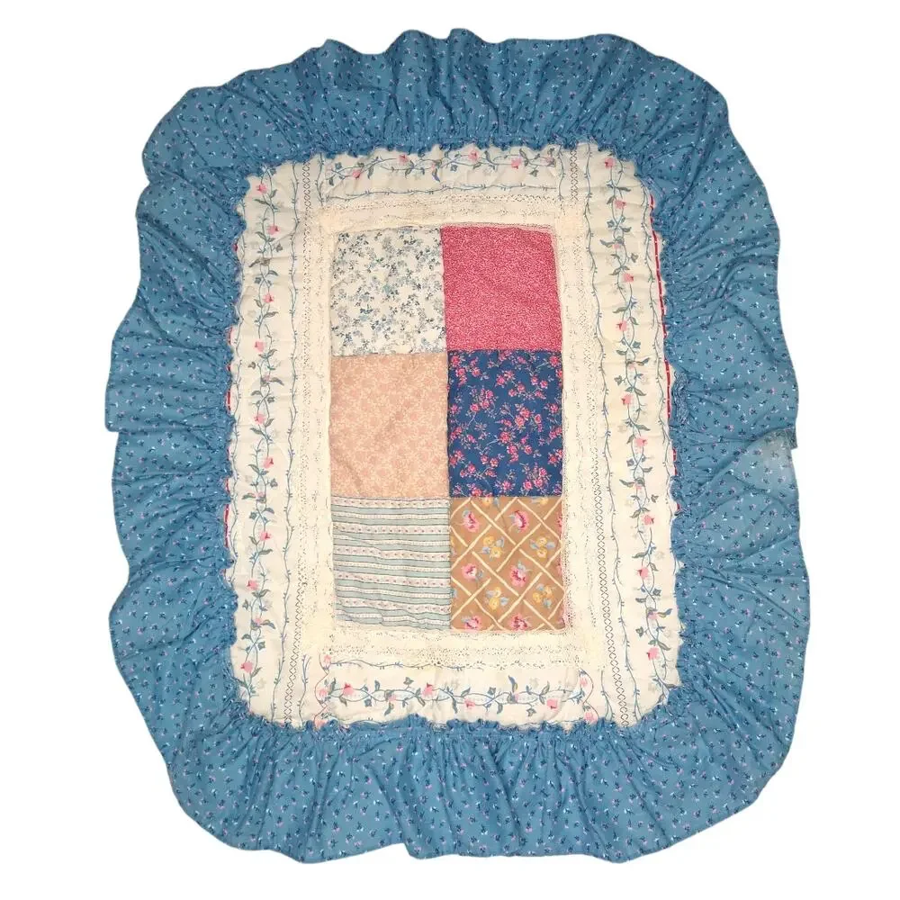 80's Vintage Quilted Floral Standard Pillow Sham Ruffles lace CottageCore